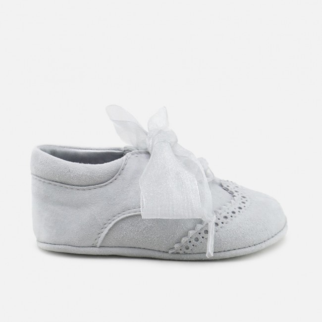 Grey suede newborn shoe